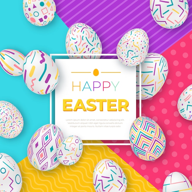 Easter background with square frame and colorful ornate eggs on modern geometric background.