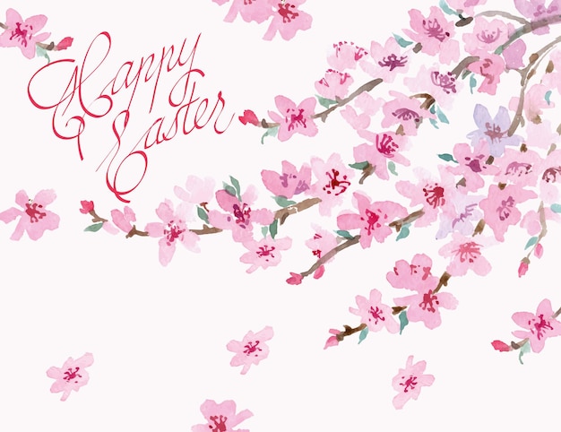 Easter background with Watercolor Blossoming cherry branch. Vector illustration