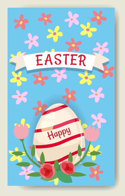 Easter banner background template with beautiful colorful spring flowers and egg