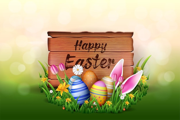 Easter banner decoration with creative grasses easter eggs flower and wooden board