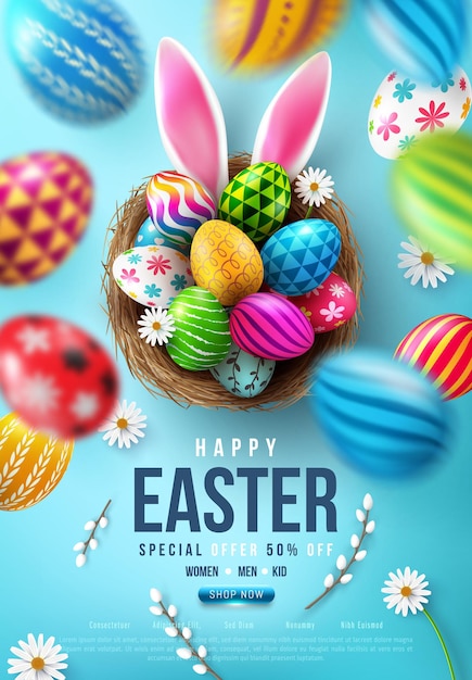 Easter Banner Template with Easter eggs in the nest and Rabbit ears on blue background.