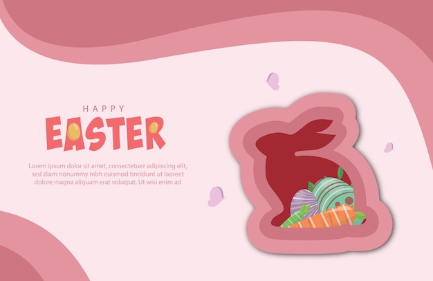 Easter banner with bunny silhouette eggs and carrot in a pink paper cut style background