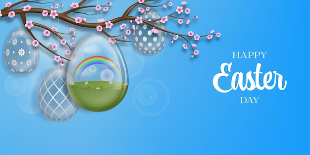 easter banner with cherry branch and glass eggs. easter background with glass egg and rainbow