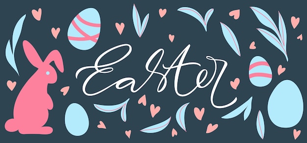 Easter banner with eggs, rabbit and hearts. Happy Easter design with lettering in pastel colors on dark background. Horizontal banner