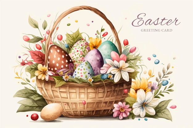 Easter basket with eggs and bunny decorated with flowers. Happy easter