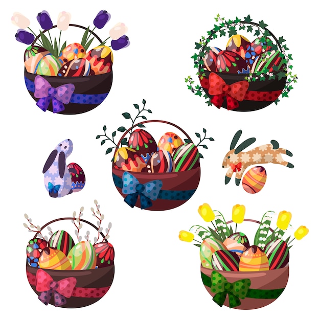 Easter baskets of chocolate eggs and flowers