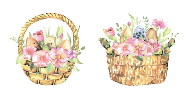 Easter baskets with eggs flowers