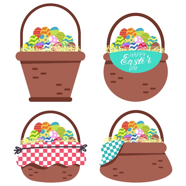 Easter baskets with eggs and straw vector cartoon set isolated on a white background