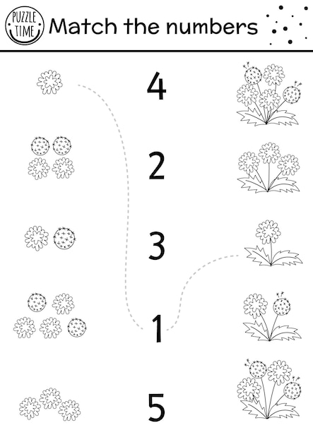 Easter black and white matching game with spring flowers Holiday math activity for preschool children with dandelions Printable counting worksheet or coloring page for kidsxA