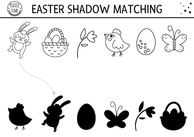 Easter black and white shadow matching activity for children Outline spring puzzle with cute holiday symbols Educational game for kids with eggs basket bunny Find the correct silhouette xA