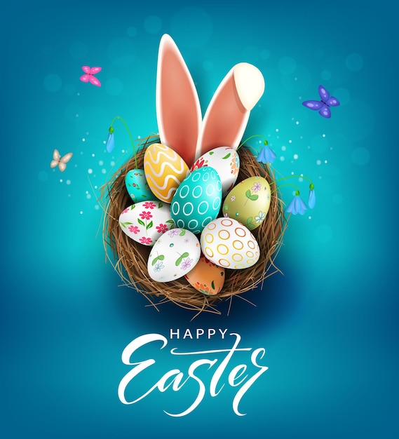 Easter blue illustration, eggs in a basket with a beautiful pattern, bunny ears, snowdrops flowers.