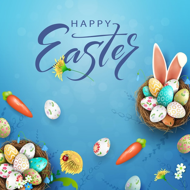 Easter blue illustration eggs in a nest with a pattern bunny ears