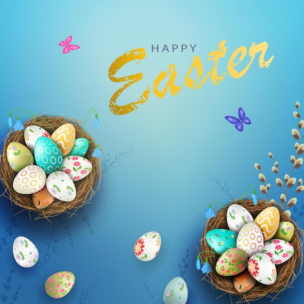 Easter blue illustration eggs in a nest with a pattern willow twig