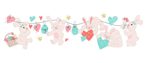 Easter bunnies characters in cute kawaii style flat vector illustration isolated