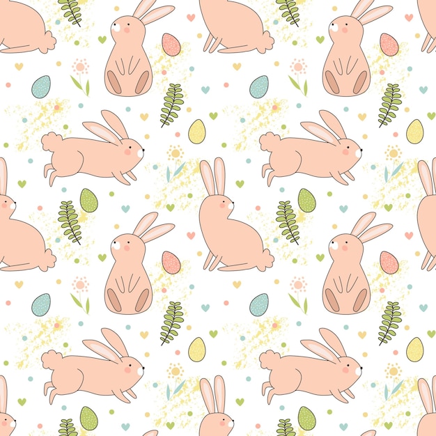 Easter bunnies and eggs Vector illustration Seamless pattern