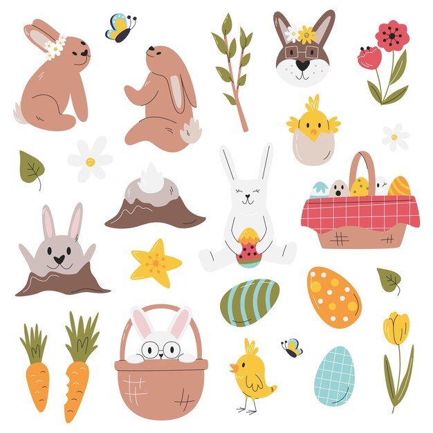 Vector easter bunnies set with eggs and festive elements hand drawn flat religious holiday collection