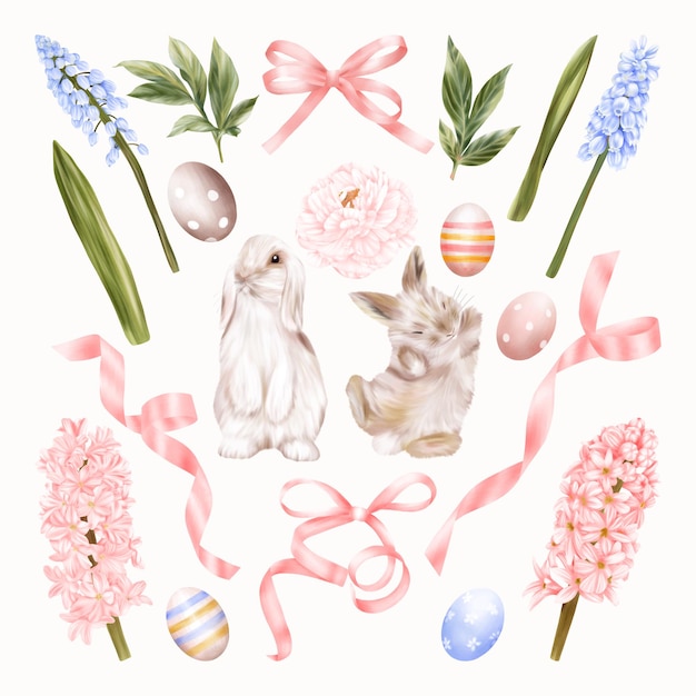 Easter Bunnies With Blue And Pink Flowers hyacinths