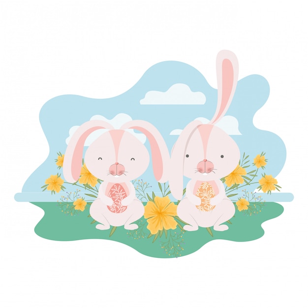 Easter bunnies with landscape isolated icon