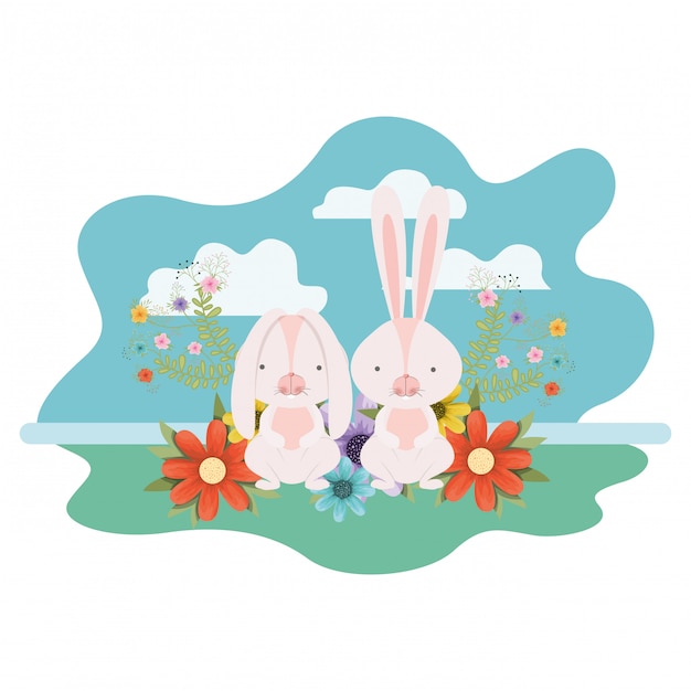 Easter bunnies with landscape isolated icon