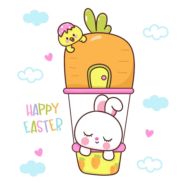 Easter bunny in a carrot balloon with the words happy easter on it