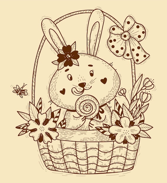 Easter bunny character Cute rabbit with big lollipop in Easter basket with flowers Linear hand draw