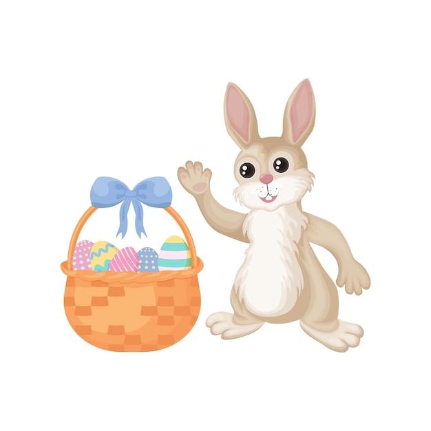 Easter bunny a cute rabbit in cartoon style is sitting with a basket of easter eggs funny bunny with