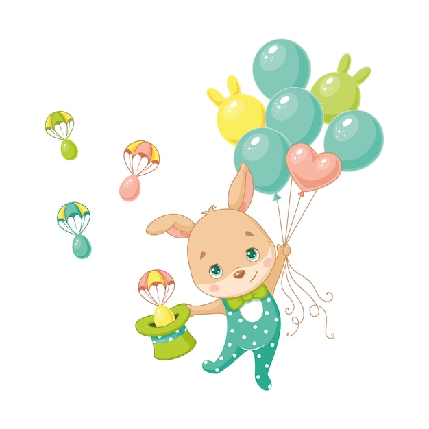 Easter bunny flies on balloons