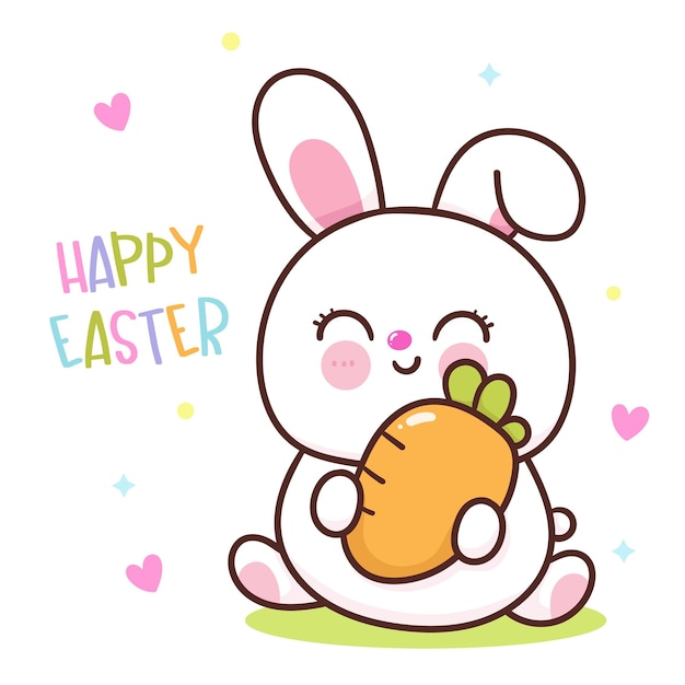 Easter bunny holding a carrot with the word happy on it