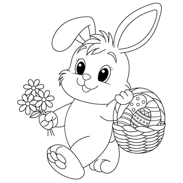 Easter Bunny holding a small wicker basket of decorated eggs coloring page