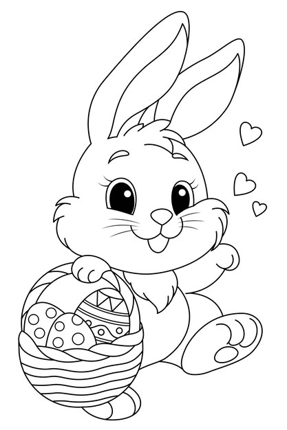 Easter Bunny holding a small wicker basket of decorated eggs coloring page