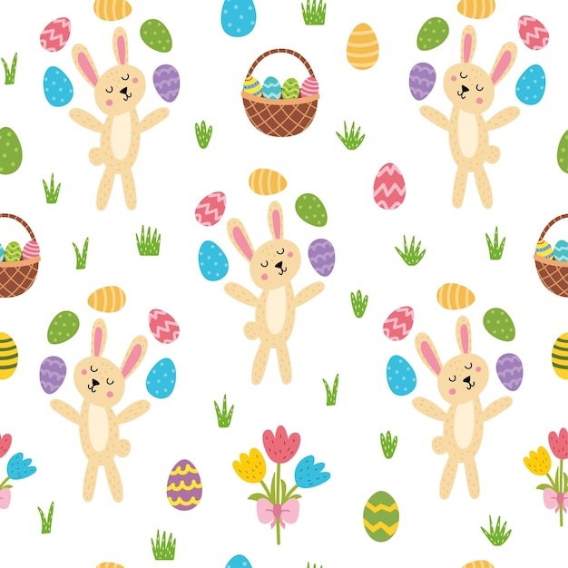 Easter bunny juggling eggs seamless pattern Cute