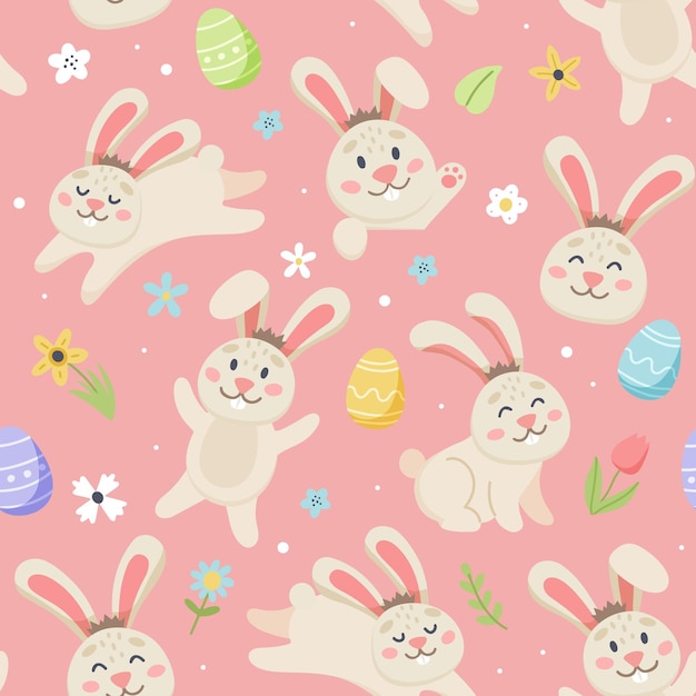 Easter bunny pattern with cute flowers and eggs