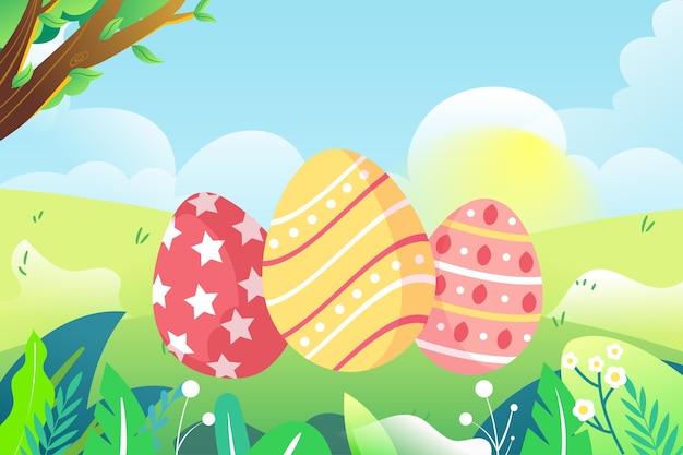 Easter, bunny playing in the forest with trees and plants in the background, vector illustration