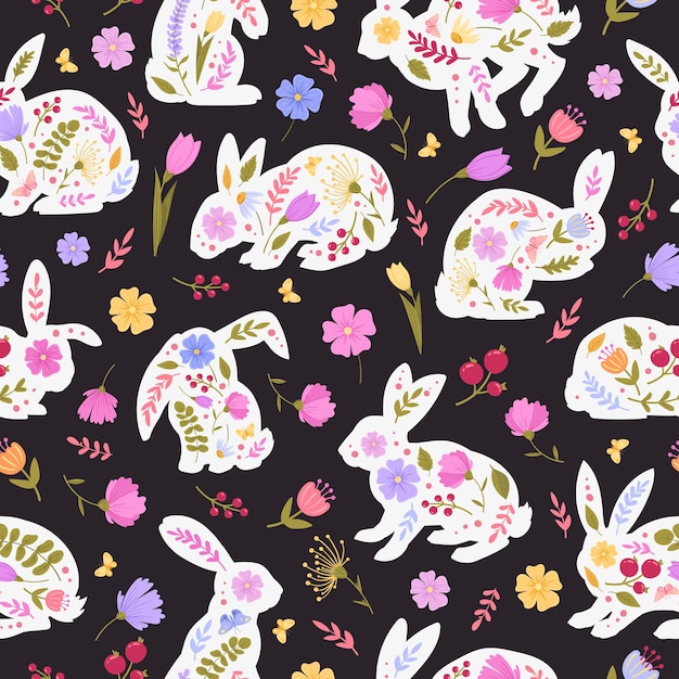 Easter bunny seamless pattern Rabbits decorated with spring flowers floral easter hare flat vector background illustration Cute Easter rabbits endless design