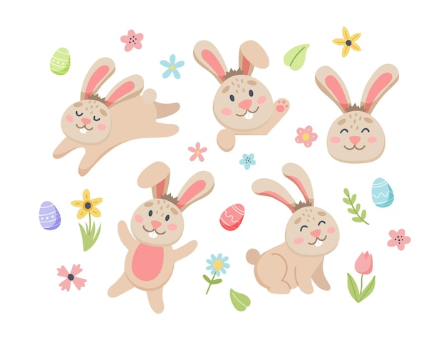 Easter bunny set with cute flowers and eggs. Hand drawn flat cartoon elements. 