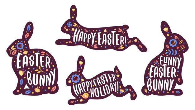 Vector easter bunny sticker or label vector set decorative silhouette of rabbit funny animal