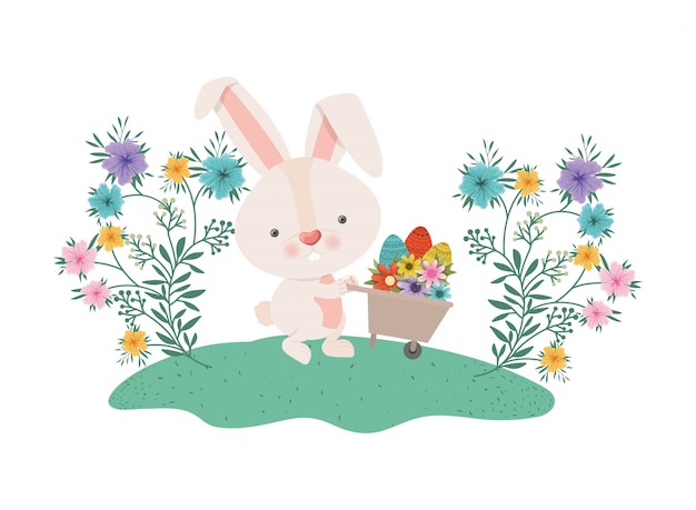 Easter bunny with flowers and easter eggs icon