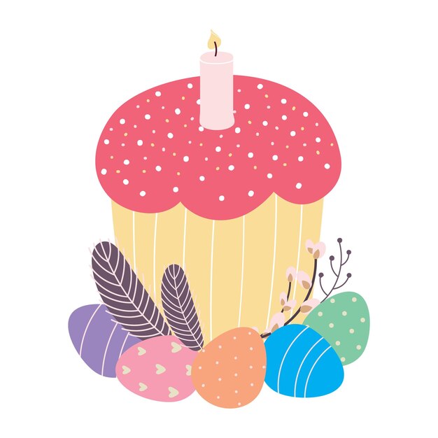 Easter cake decorated with eggs feathers and a willow twig Vector illustration