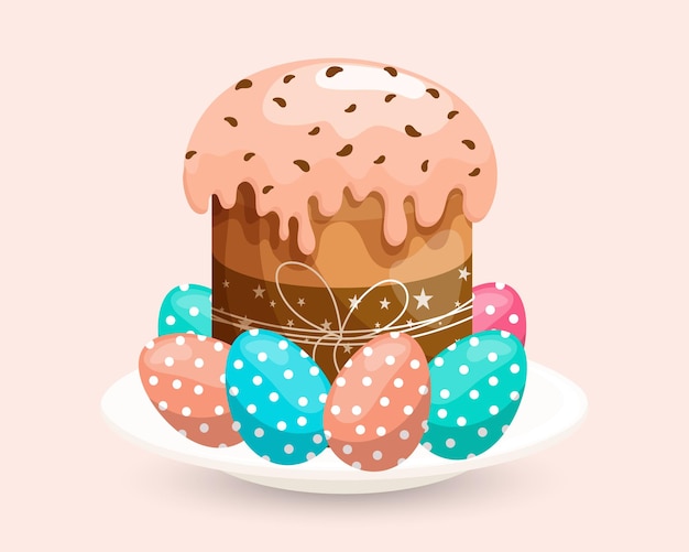 Easter cake with icing and colored Easter eggs Colorful easter illustration greeting card vector