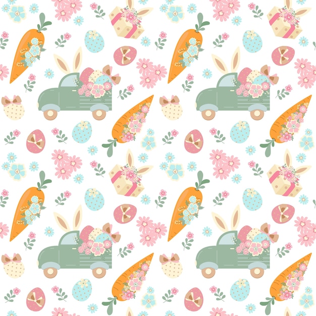 Easter car seamless background with bunny ears, flowers, painted eggs and bows. Cute pattern