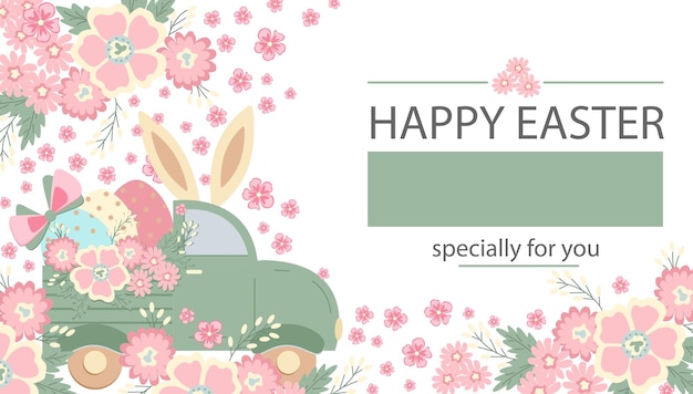 Easter car with bunny ears and painted eggs, flowers. Cute vector in pastel colors. White background