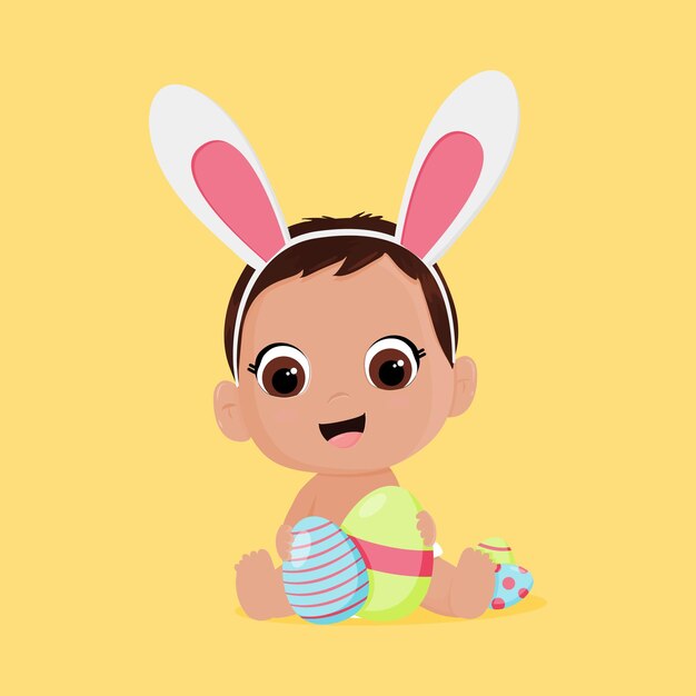 Vector easter card of a cute baby with bunny ears