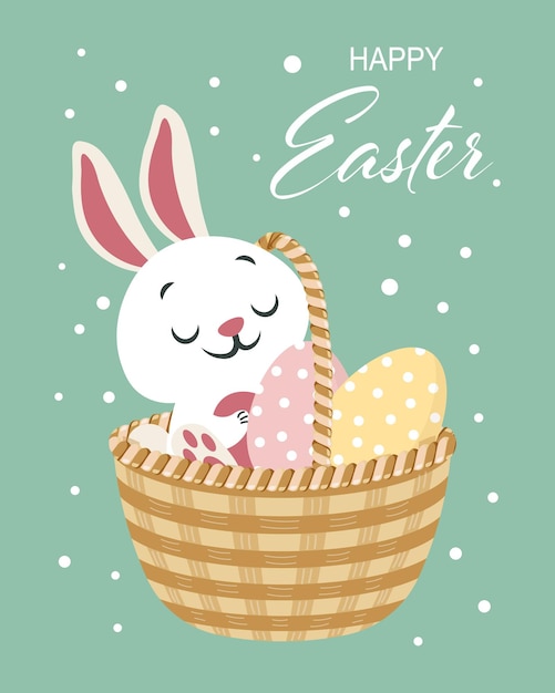 Easter card cute bunny in a wicker basket with eggs Children's print illustration vector