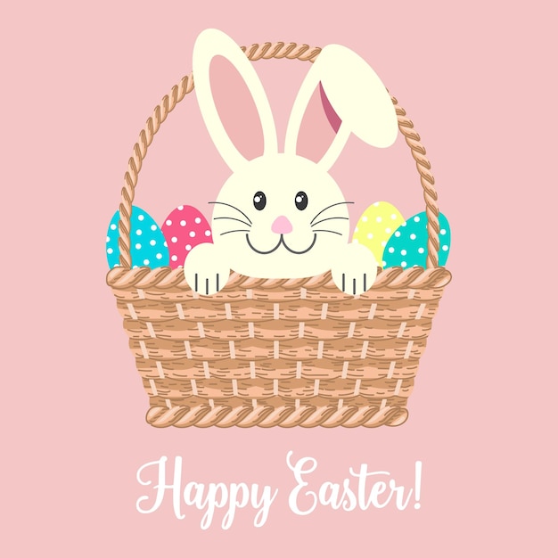 Easter card cute rabbit in a wicker basket with eggs Baby print illustration vector