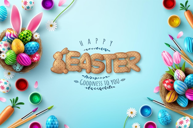 Easter Card Template with Easter eggs in the nest and Font of cracker biscuits on blue background