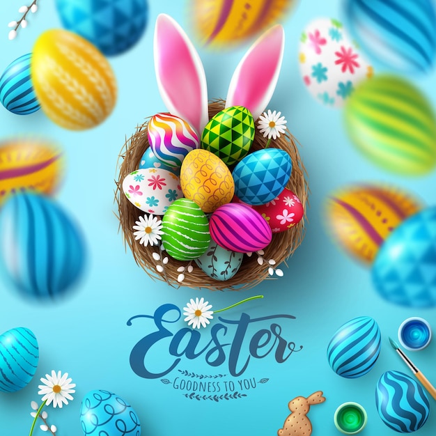 Easter Card Template with Easter eggs in the nest and Rabbit ears on blue background.