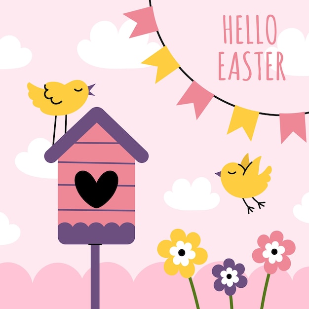 Easter card with a cute pink birdhouse a garland of flags and yellow birds