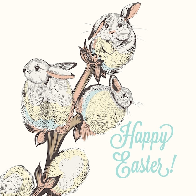 Easter card with hand drawn vector rabbits in creative vintage style