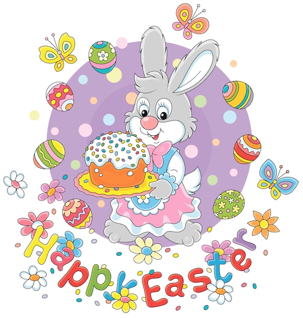 Easter card with a happy bunny holding a fancy cake, decorated gift eggs, flowers and butterflies