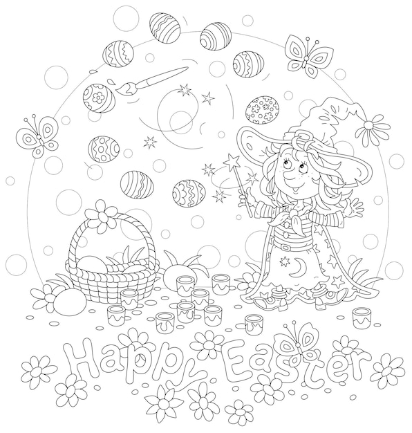 Easter card with a little fairy waving a magic wand and coloring gift eggs with a flying paintbrush